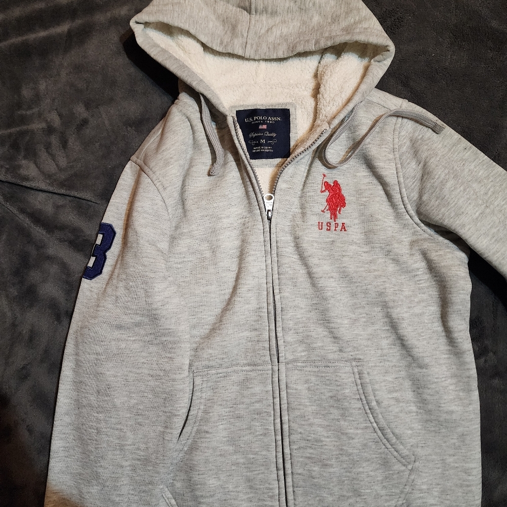 Gray US Polo Assn. Zip-Up Hoodie with Red Logo